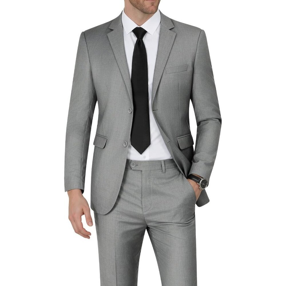 Men's Light Grey Single Breasted Peak Lapel 2 Piece Two Button Blazer Wedding